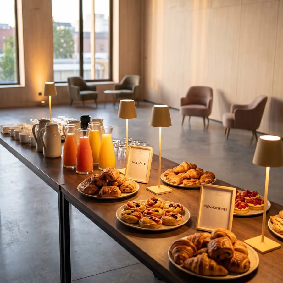 Pause-café : viennoiseries, jus pressés et thermos alignés